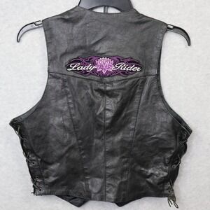 Leather Biker Western Vest Small Black Lace-up Sides Patches‎ Allstate Brand